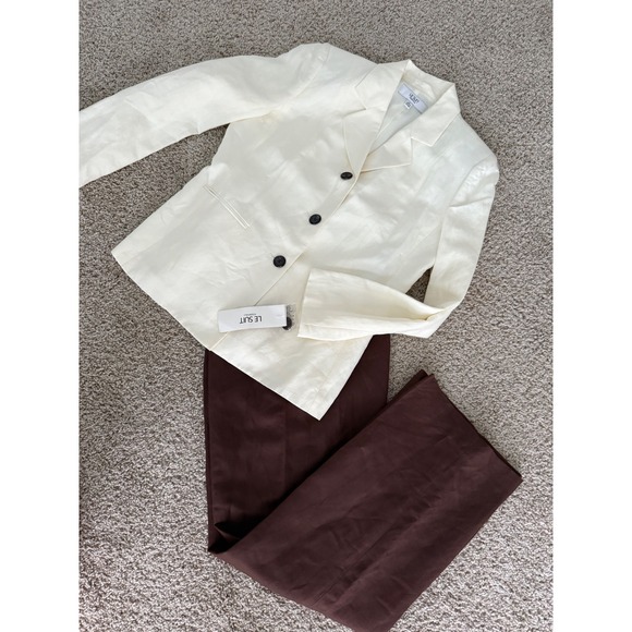 New Le Suit 2 PC‎ Blazer Pant Suit Set Linen Blend Brown ivory Women's Size 10 - Picture 1 of 10